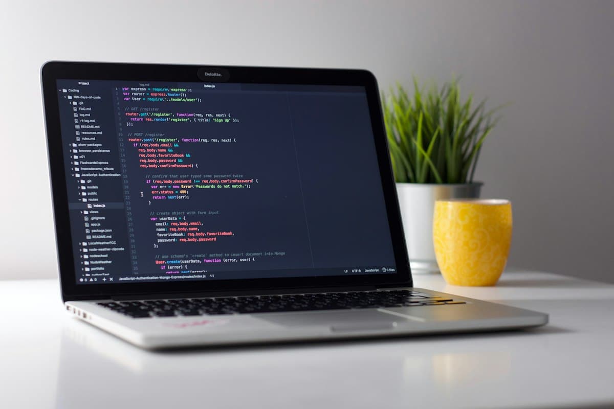 Ordinateur portable sur un bureau clair avec une plante